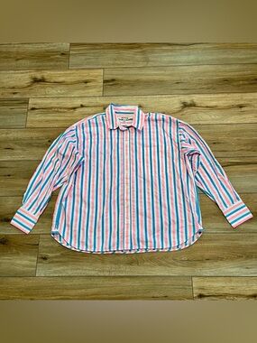 Boden Connie Relaxed Button Up Shirt SZ 16-18 Blue and Neon Pink Stripe Cotton